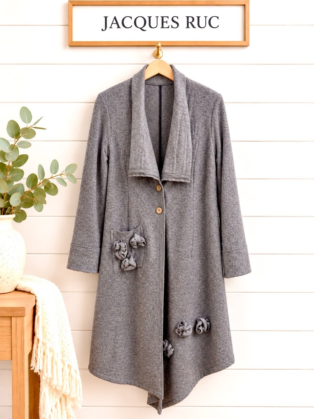 JACQUES RUC – Long Wool & Viscose Coat / Cardigan – Grey – Size 8